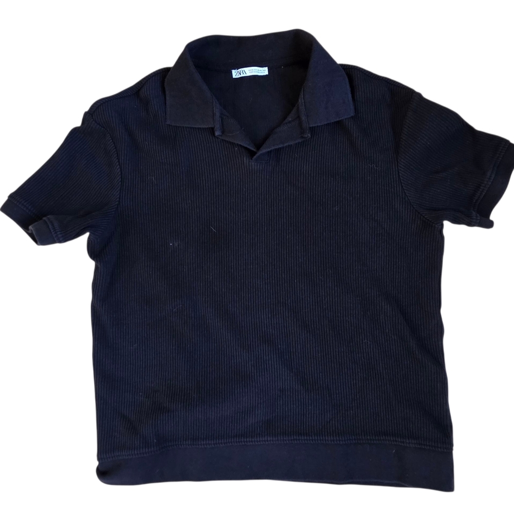 Zara Black Ribbed V Neck Top With Collar Size M